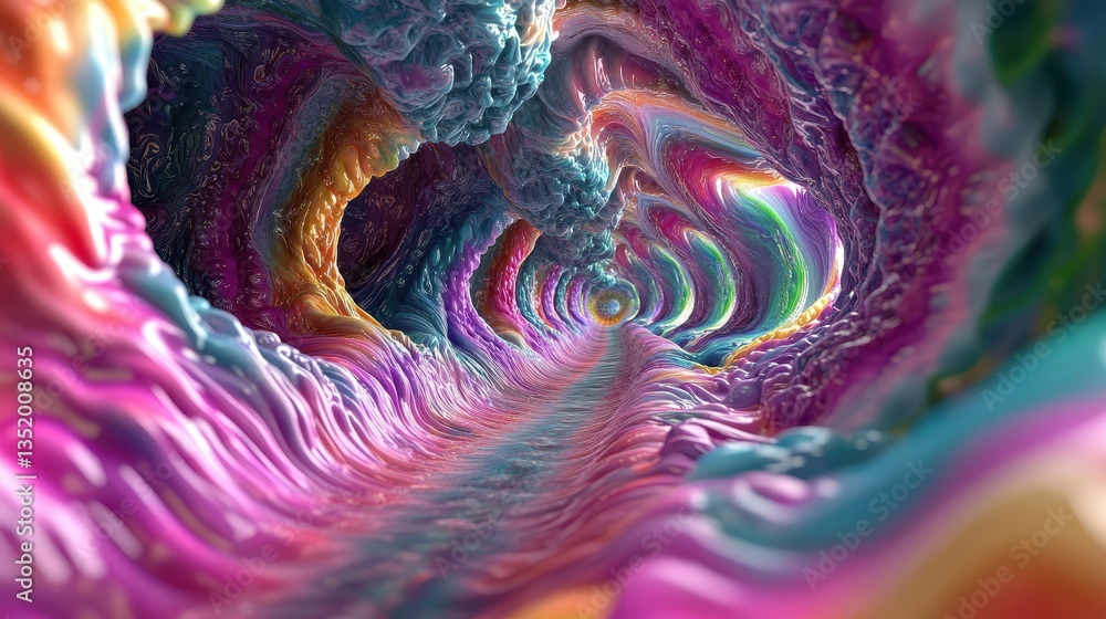 Poster a colorful and surreal tunnel with flowing and wavy textures