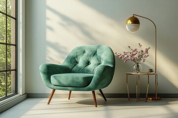 Scandinavian Interior Design with Teal Armchair and Natural Light