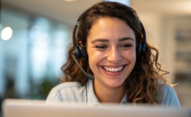 Customer retention concept. Smiling woman with a headset engaged in a video call, conveying positivity and connection.