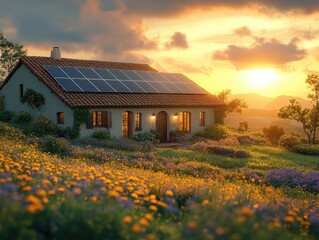 Sunset view of a solar-powered house nestled in a vibrant wildflower meadow