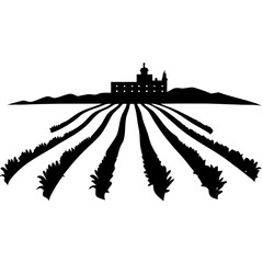 Obraz premium Silhouette of Lavender Field with Rustic Farmhouse and Mountain Landscape