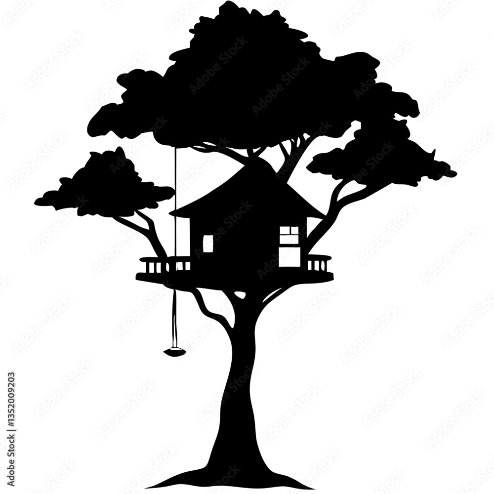 Poster silhouette of treehouse with swing illustrative vector for decorative design use