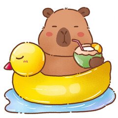 cute capybara relaxes in yellow duck float with coconut drink, enjoying peaceful moment