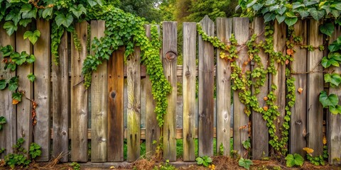 Weathered wooden fence with old gates and vines growing through it , vines, fence © Songkran