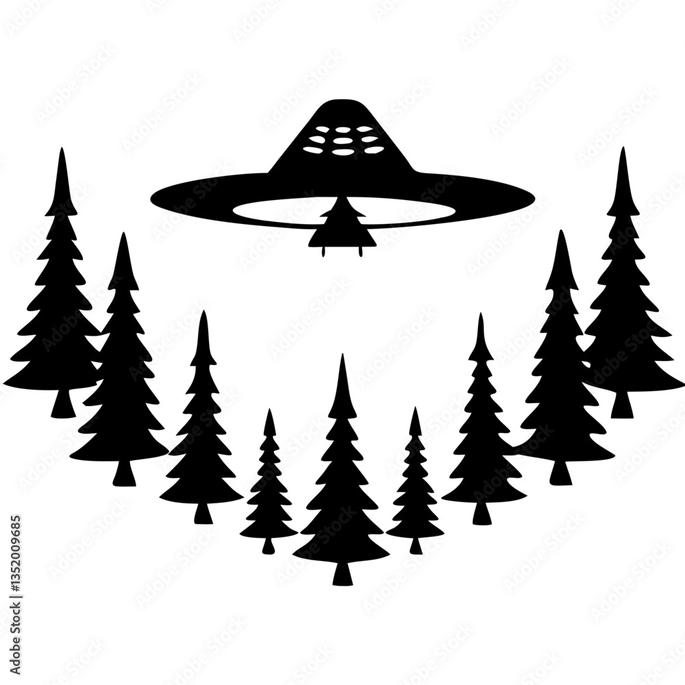 Poster mysterious ufo hovering above pine forest vector illustration for sci-fi concepts