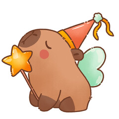 cute cartoon capybara wearing party hat and holding star wand, with small wings on its back, exudes whimsical charm