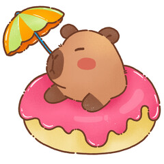 cute capybara relaxes on pink frosted donut with small umbrella, creating whimsical and cheerful scene