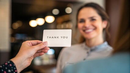 Customer retention concept. A person is handing a "Thank You" card to a smiling woman in a cozy setting.