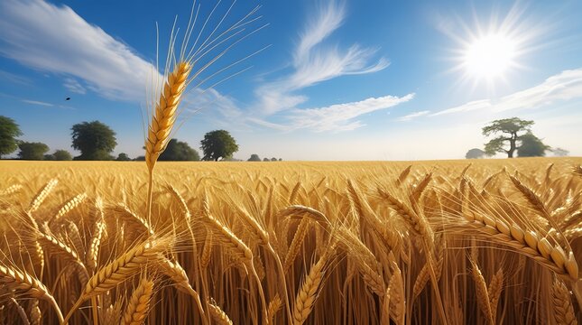 Scenic Wheat Field Landscape with Clear Blue Sky