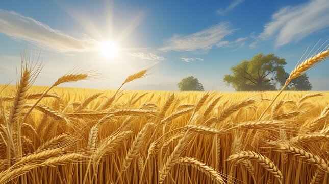 Serene Golden Wheat Landscape Under Bright Sky