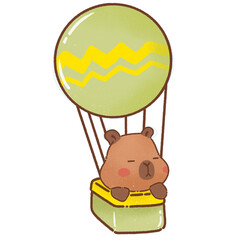 Obraz premium cute capybara cartoon rides in cheerful hot air balloon with zigzag pattern, evoking sense of adventure