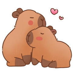 Cute cartoon capybaras cuddling with hearts above them, expressing love and affection