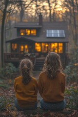 Two girls admire a cozy, illuminated house nestled in a tranquil autumnal forest at dusk