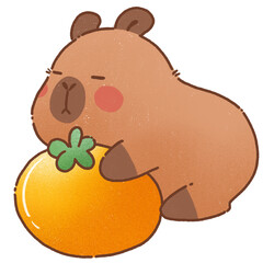 cute cartoon capybara hugs large orange fruit with content expression