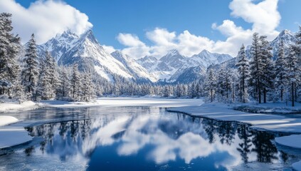 Snowy mountain lake reflection winter landscape