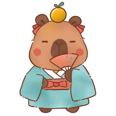 cute capybara wearing traditional kimono holds decorative fan, with small orange on its head, exuding festive charm