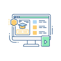 Online course icon with laptop and progress chart, symbol of e-learning