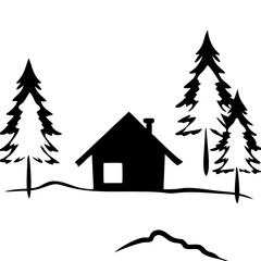 Rustic Cabin Scene Silhouette with Pine Trees for Art and Design Projects