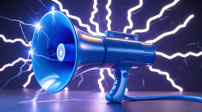 3D blue megaphone beams with electric flashes, symbolizing a special offer in social media promotion