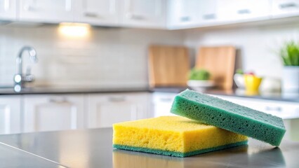 Scouring sponges on a clean kitchen counter, side by side