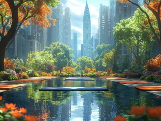 Urban oasis tranquil garden reflecting cityscape