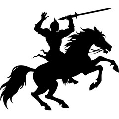 Warrior Silhouette on Rearing Horse with Sword Vector Illustration