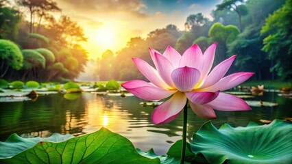 A majestic lotus flower unfolding its petals slowly in a serene lake surrounded by lush greenery and vibrant tropical flowers , serenity, foliage