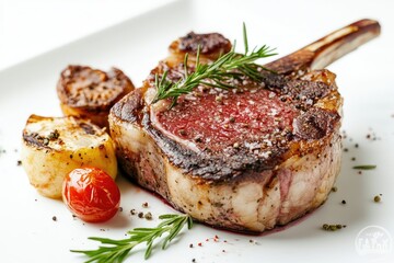 Perfectly seared steak, accompanied by roasted vegetables