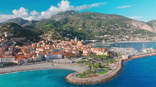Aerial view of Menton, a resort town on the French Riviera, France