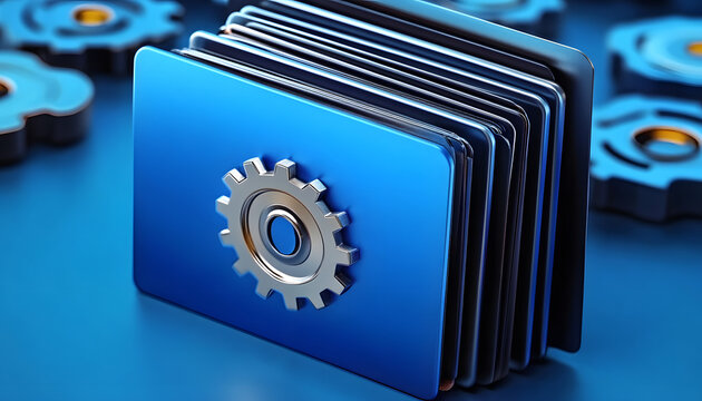 The blue folder with media file and cogwheel signifies video production.