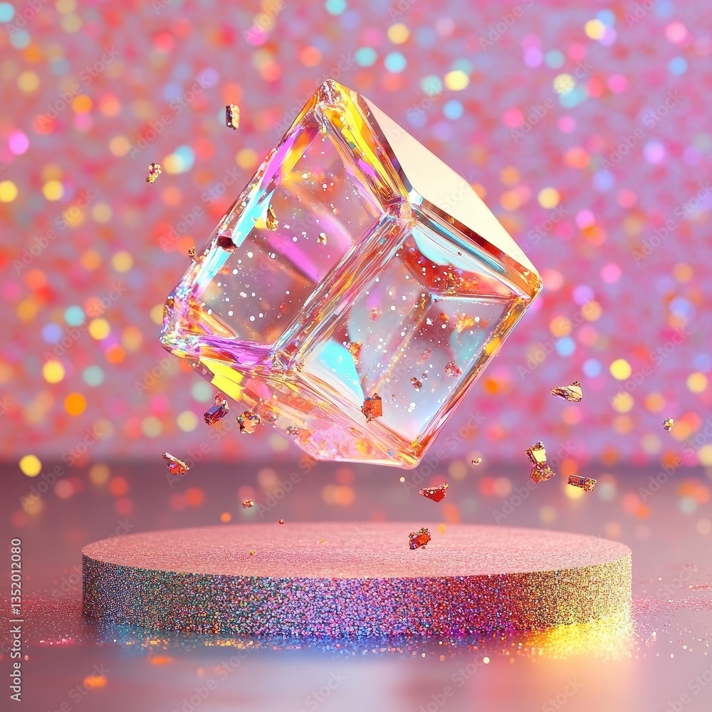 Poster a sparkling cube object floats above a glitter covered platform