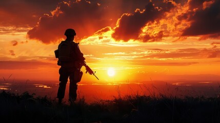 Military mission silhouette against a sunrise backdrop