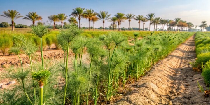Row of unripe cumin plants in an Egyptian field with a dry and cracked soil, surrounded by tall grasses and thorny bushes, dry soil, farm landscape