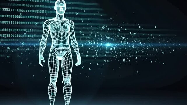 Digital holographic visualization of a human body composed of glowing particles in a futuristic setting.