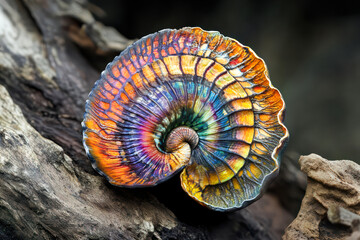 Rainbow Fossil Shell on Driftwood