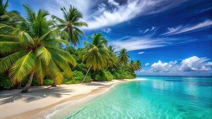 Obraz premium Serene turquoise ocean waters lap gently against a pristine white sandy beach lined with majestic swaying palm trees and vibrant green tropical foliage, coastal, palm tree-lined