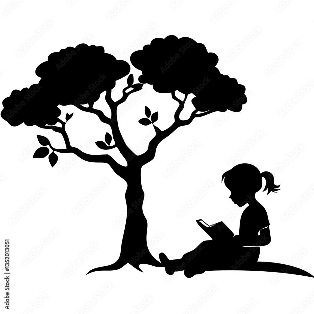 Poster silhouette of child reading under tree symbolizing peaceful learning and imagination