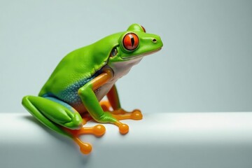 Obraz premium Green tree frog perched on white, vibrant colors, white background, isolated, isolated