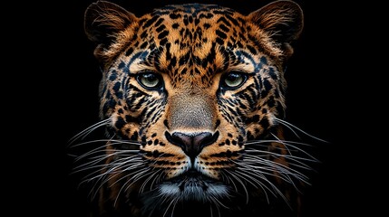 Fototapeta premium Close-up portrait of a majestic leopard against a black background.