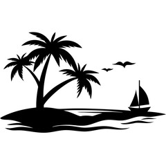 Tropical Island Silhouette with Palm Trees and Sailboat Vector for Art and Design
