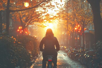 Woman cycling at sunrise through autumnal city street