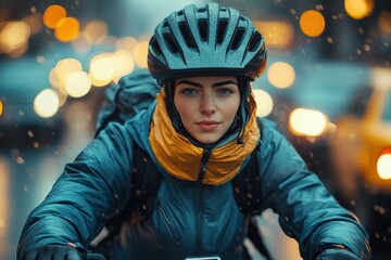 Woman cyclist in city, night, snow