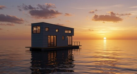 House Floating on Water at Sunset a Peaceful and Unique Dwelling