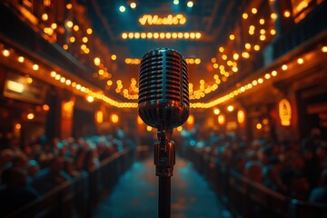 Audience in Concert Hall with Microphone during Live Comedy Music Performance