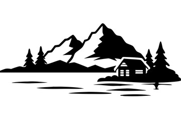 Mountain Cabin Lake Scene Silhouette Vector for Outdoor Themed Decor and Design