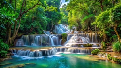 Naklejka premium Dense foliage and vibrant greenery surrounding a serene cascading waterfall in Pak Khlong , tropical plants, natural wonder