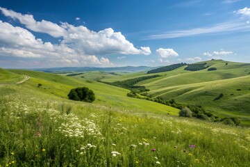Fototapeta premium A breathtaking panorama of rolling green hills under a vibrant summer sky, showcasing wildflowers and a tranquil countryside scene with puffy white clouds.