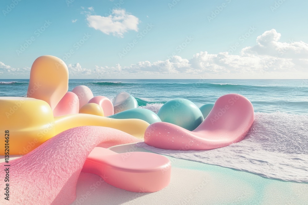Poster surreal colorful shapes and a beach scene with ocean view