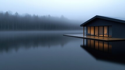 Fototapeta premium Misty Lakeside Cabin. Modern house on a serene lake, bathed in soft light. Fog envelops the surrounding forest
