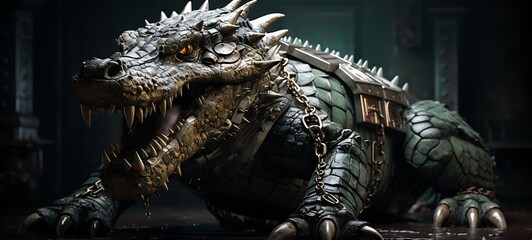 Fototapeta premium A fierce crocodile with an armoured shield Diamond, ai generative